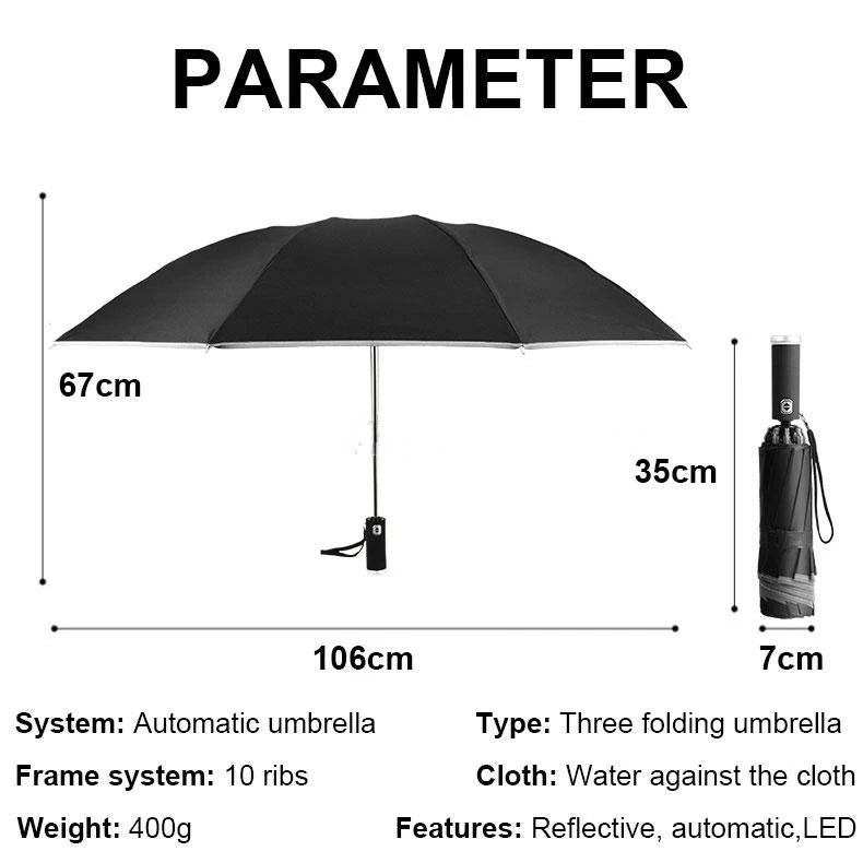 Windproof Automatic Umbrella With LED Flashlight Reflective Stripe Reverse Light Umbrellas Rain Men Women Large Folding Parasol