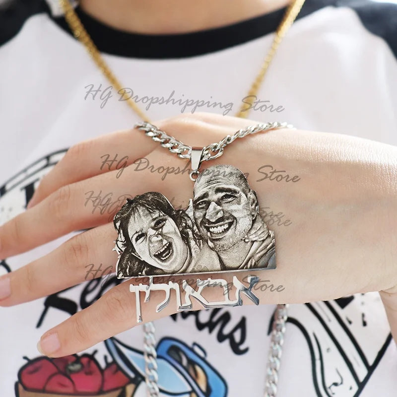 Custom Picture Nameplate Pendant Custom Photo Necklace Engraved Portrait Necklace Christmas Gift for Kids Jewelry Family Gifts