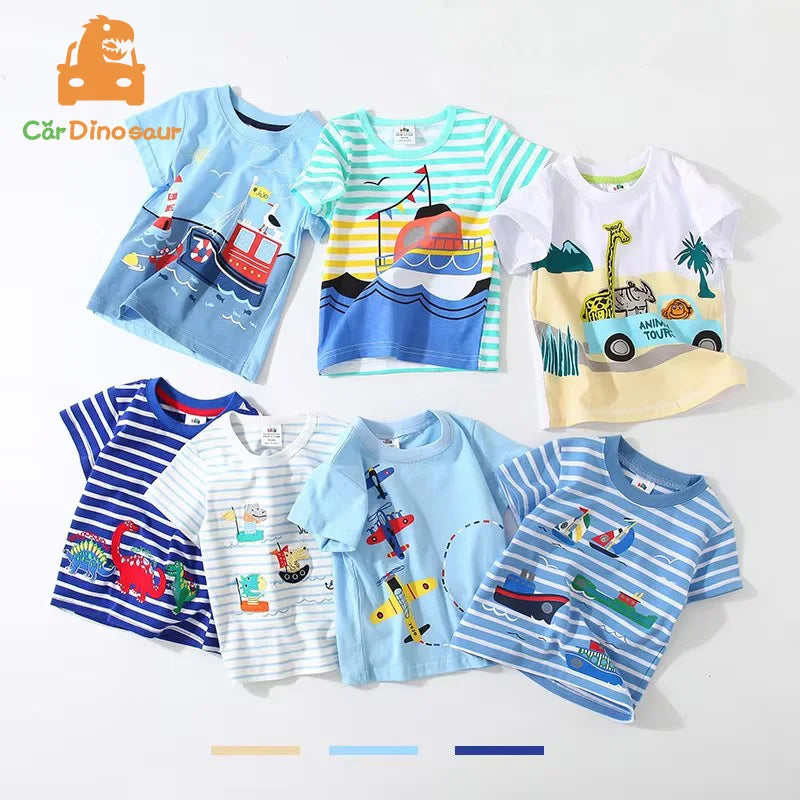 2025 Summer 2 3 4 5 6 8 10 Children's Clothing Dinosaur Car Stripe Print Short Sleeve Cotton Basic Tops Kids Boy Cartoon T-Shirt