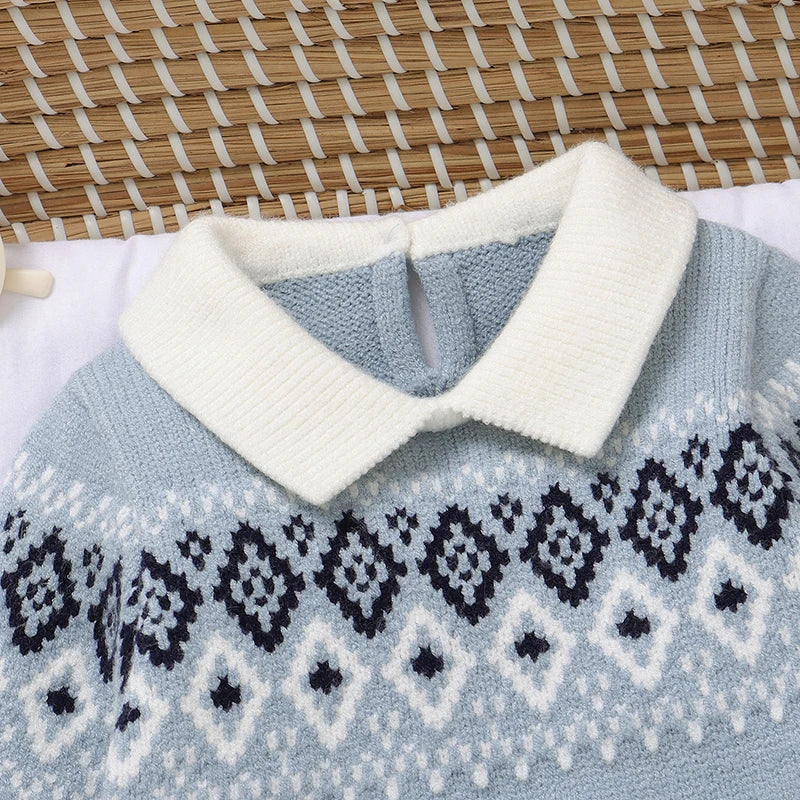 Baby Rompers Fashion Geometry Newborn Boys Jumpsuit Knitted Infant Kid Clothing 0-9M Turn-down Long Sleeve Foot Wrap Autumn Warm
