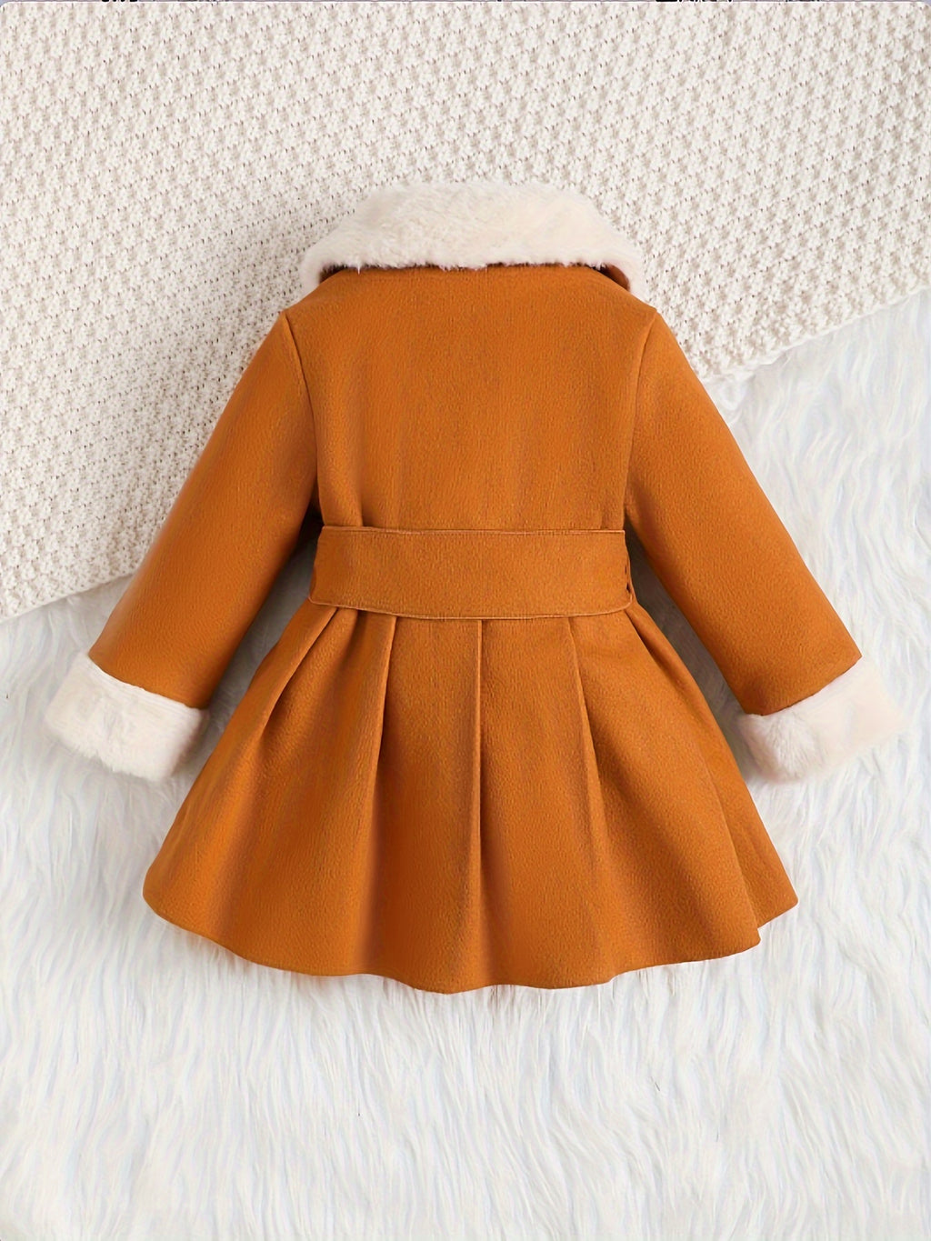 Baby's Elegant Fuzzy Collar Belted Coat, Button Front Warm Overcoat, Baby Girl's Clothing For Fall Winter Outdoor