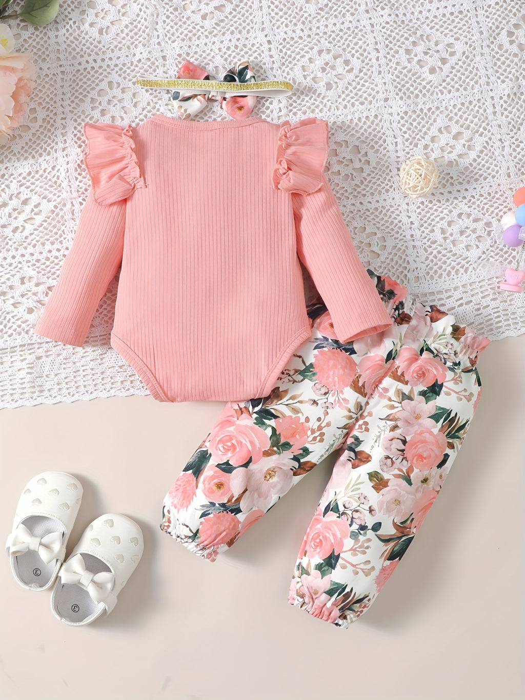 Cute Baby 3pcs Outfits - Floral/leopard Pants & Ruffle Long Sleeve Infant Romper & Headband Set Outdoor Set