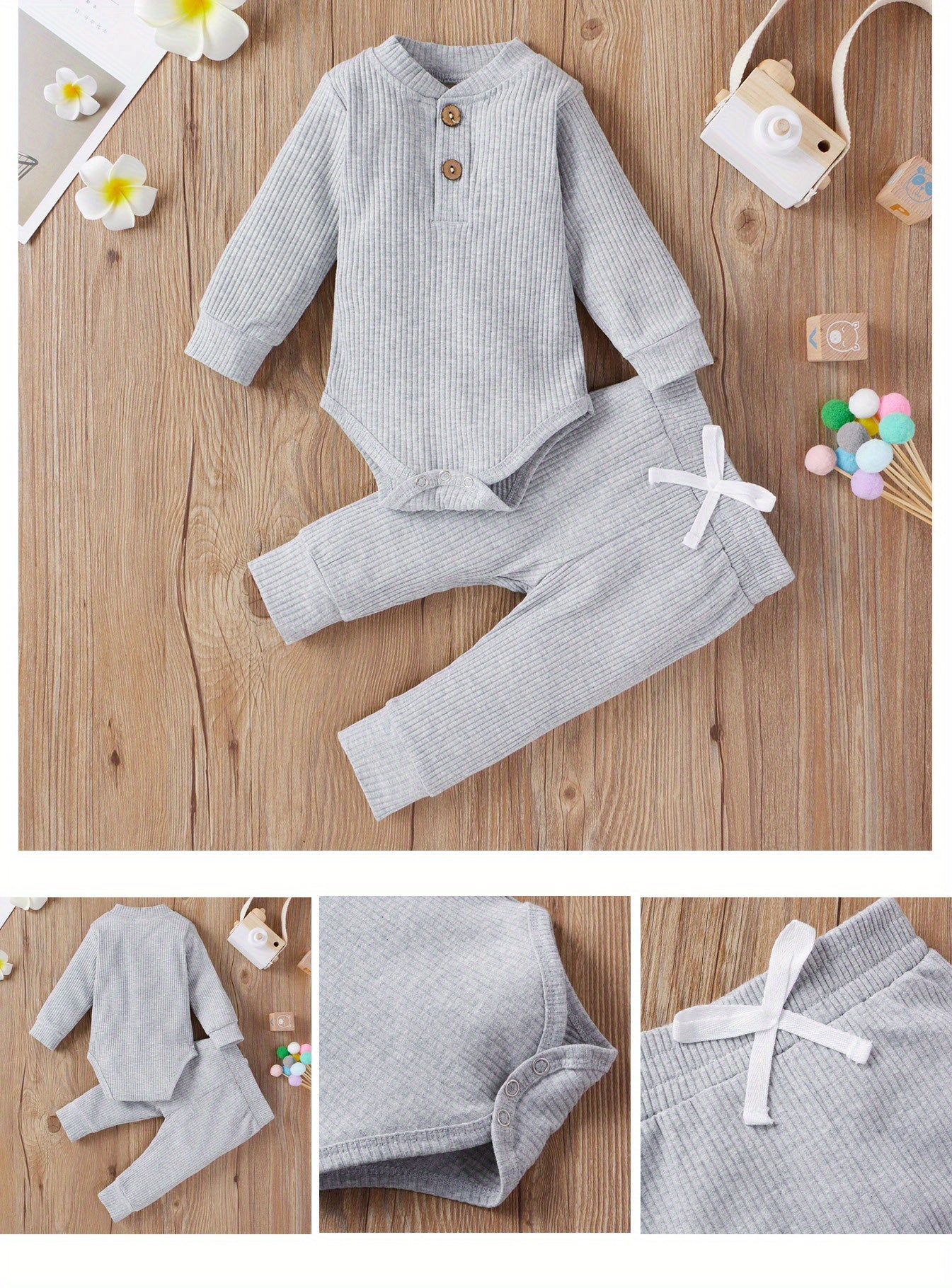 2pcs Baby Infant Boys And Girls Casual Plain Color Long Sleeve Onesie & Pants Set Clothes For Your Little One, Outdoor Cloth