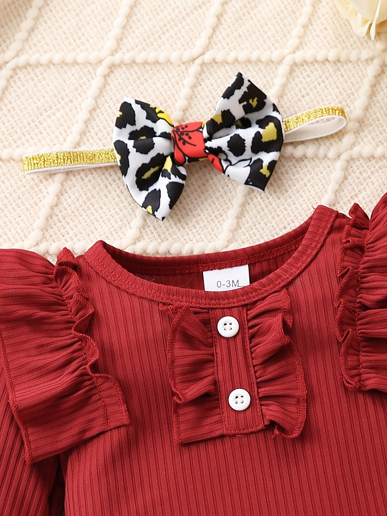 Cute Baby 3pcs Outfits - Floral/leopard Pants & Ruffle Long Sleeve Infant Romper & Headband Set Outdoor Set