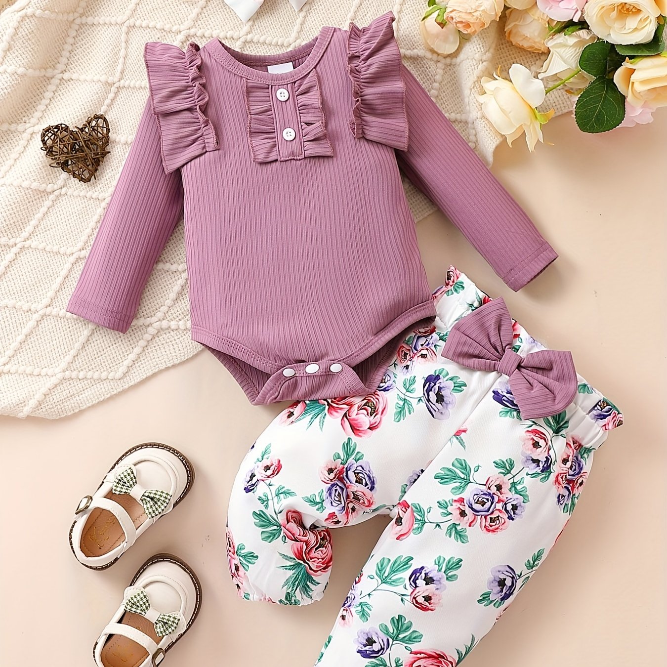 Cute Baby 3pcs Outfits - Floral/leopard Pants & Ruffle Long Sleeve Infant Romper & Headband Set Outdoor Set