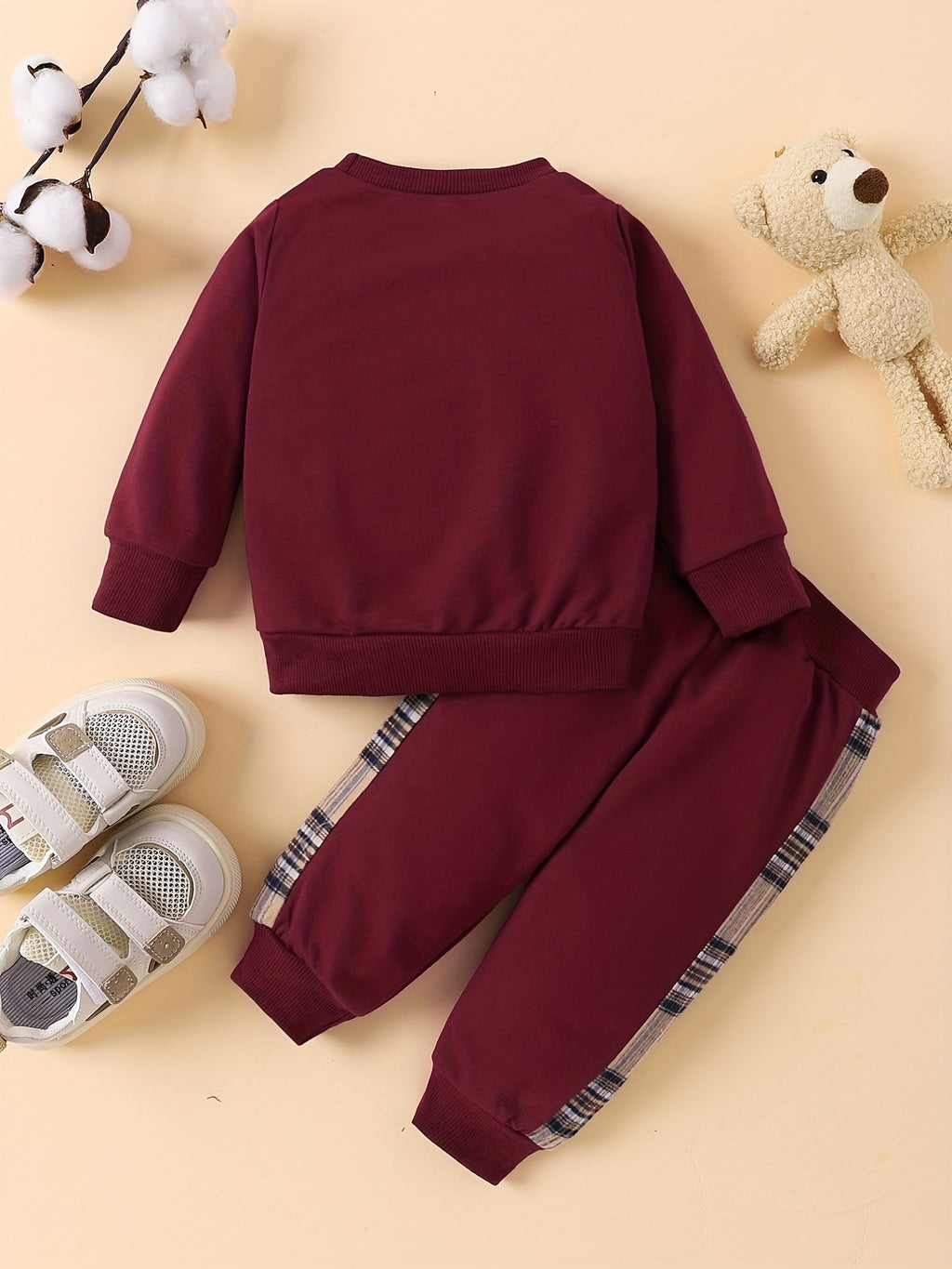 Popular Baby Plaid Bear Embroidery Set - Sweatshirt Tops Pants