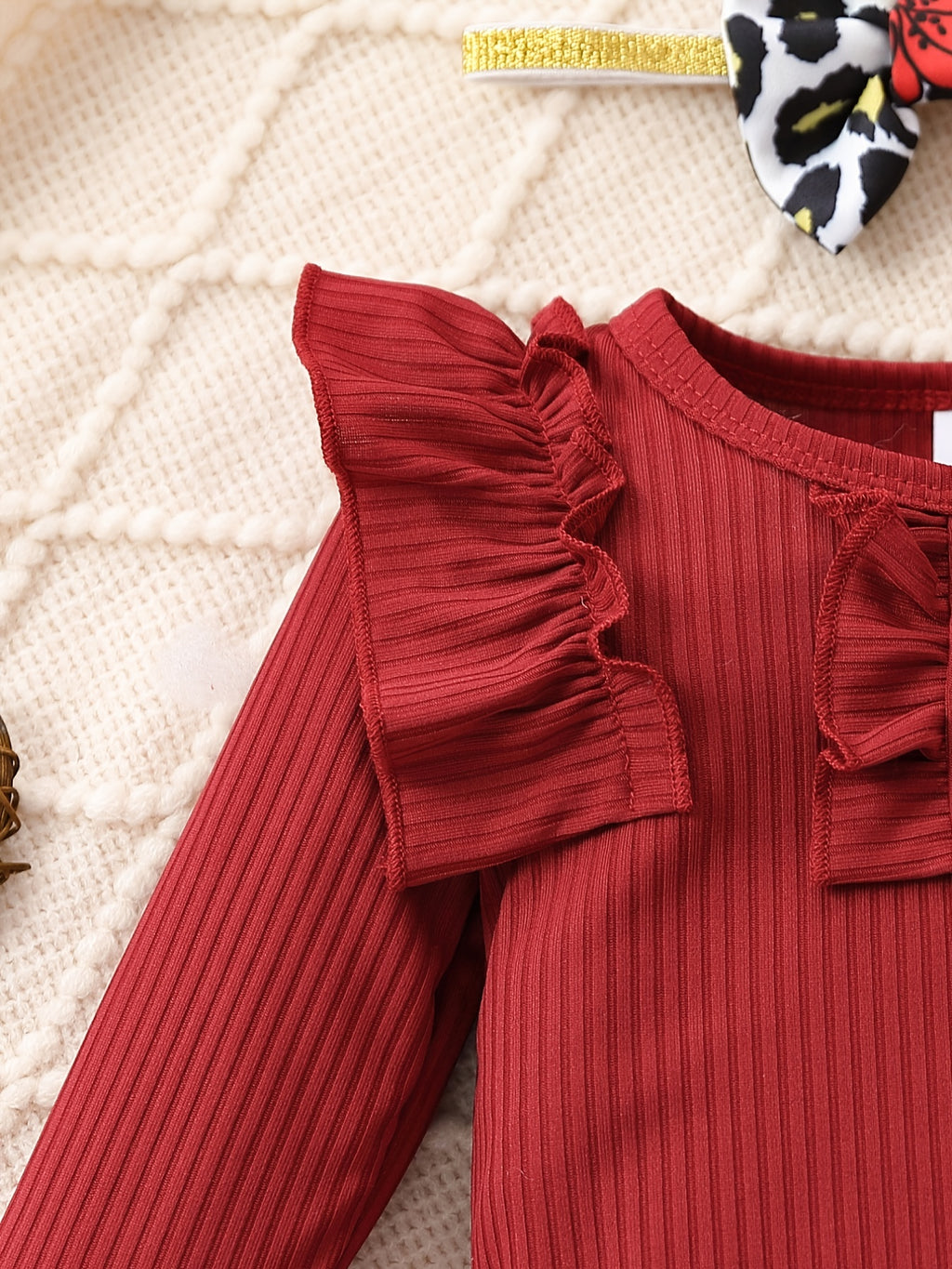 Cute Baby 3pcs Outfits - Floral/leopard Pants & Ruffle Long Sleeve Infant Romper & Headband Set Outdoor Set