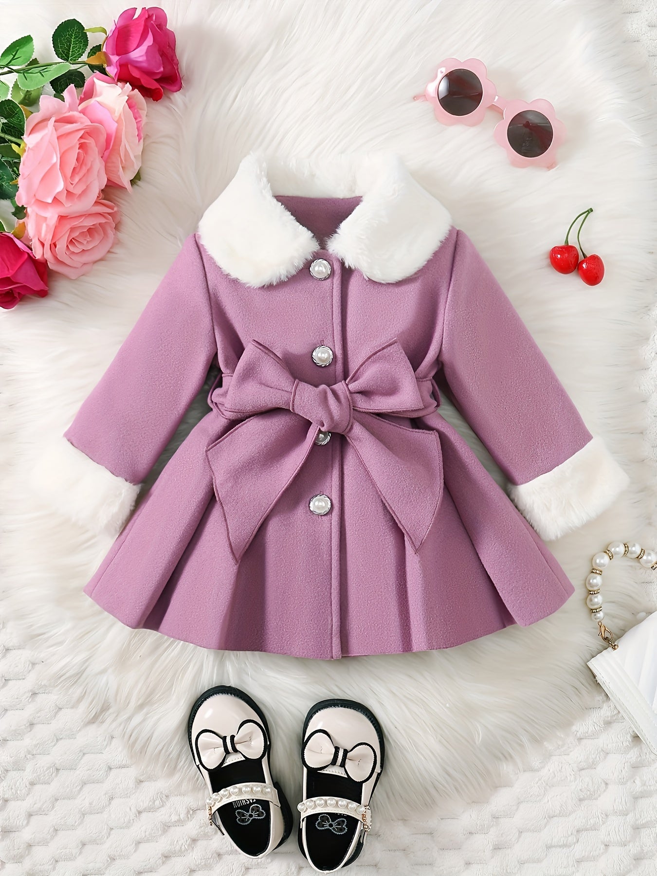 Baby's Elegant Fuzzy Collar Belted Coat, Button Front Warm Overcoat, Baby Girl's Clothing For Fall Winter Outdoor