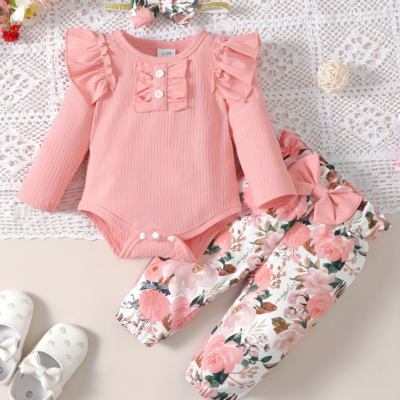 Cute Baby 3pcs Outfits - Floral/leopard Pants & Ruffle Long Sleeve Infant Romper & Headband Set Outdoor Set