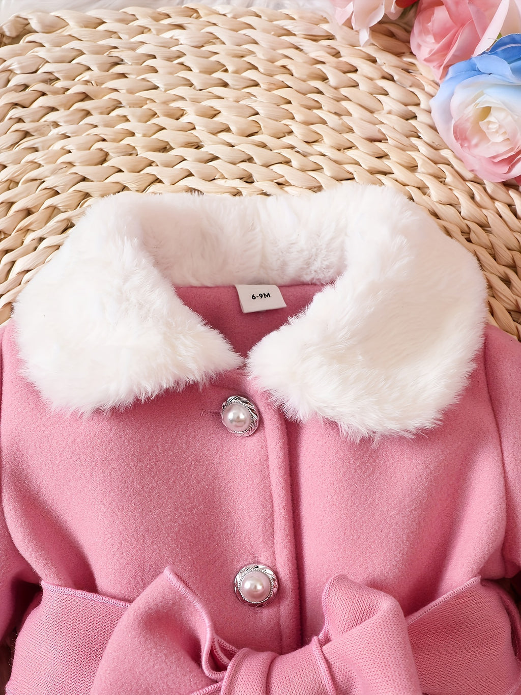 Baby's Elegant Fuzzy Collar Belted Coat, Button Front Warm Overcoat, Baby Girl's Clothing For Fall Winter Outdoor