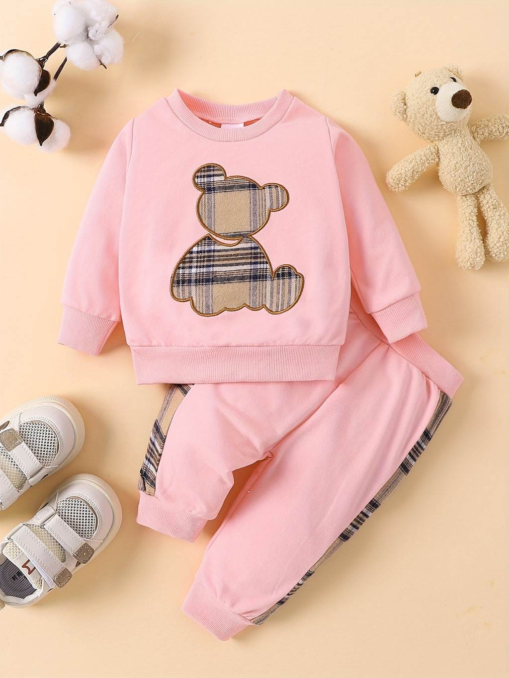 Popular Baby Plaid Bear Embroidery Set - Sweatshirt Tops Pants