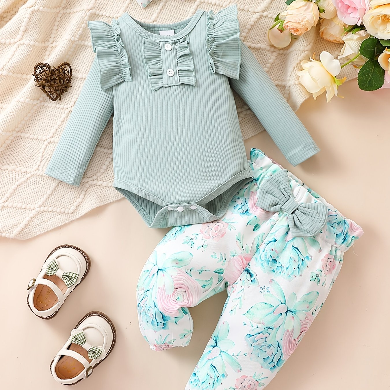Cute Baby 3pcs Outfits - Floral/leopard Pants & Ruffle Long Sleeve Infant Romper & Headband Set Outdoor Set