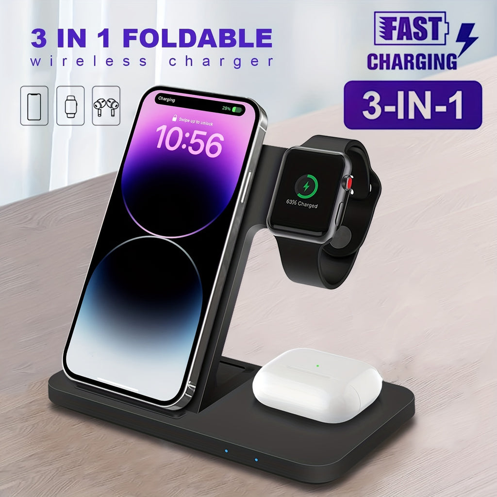 PDKUAI 3-in-1 Foldable Wireless Charging Stand for Smartphones & Watches - USB-Powered Travel-Friendly Design with Multiple Compartments, Compact & Stylish for Home & On-the-Go Use, Phone Charging Station, Modern Accessory, S