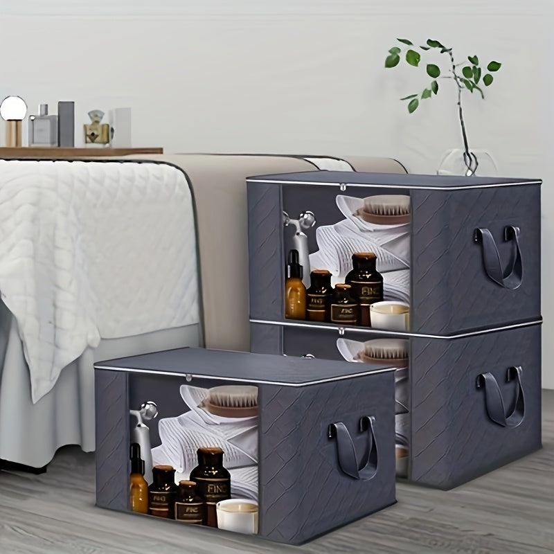 Large Capacity 3-Pack Foldable Grey Woven Fabric Storage Bins - Ideal for Home, Bedroom, Dorm, Spa Wardrobes - No Electricity Needed