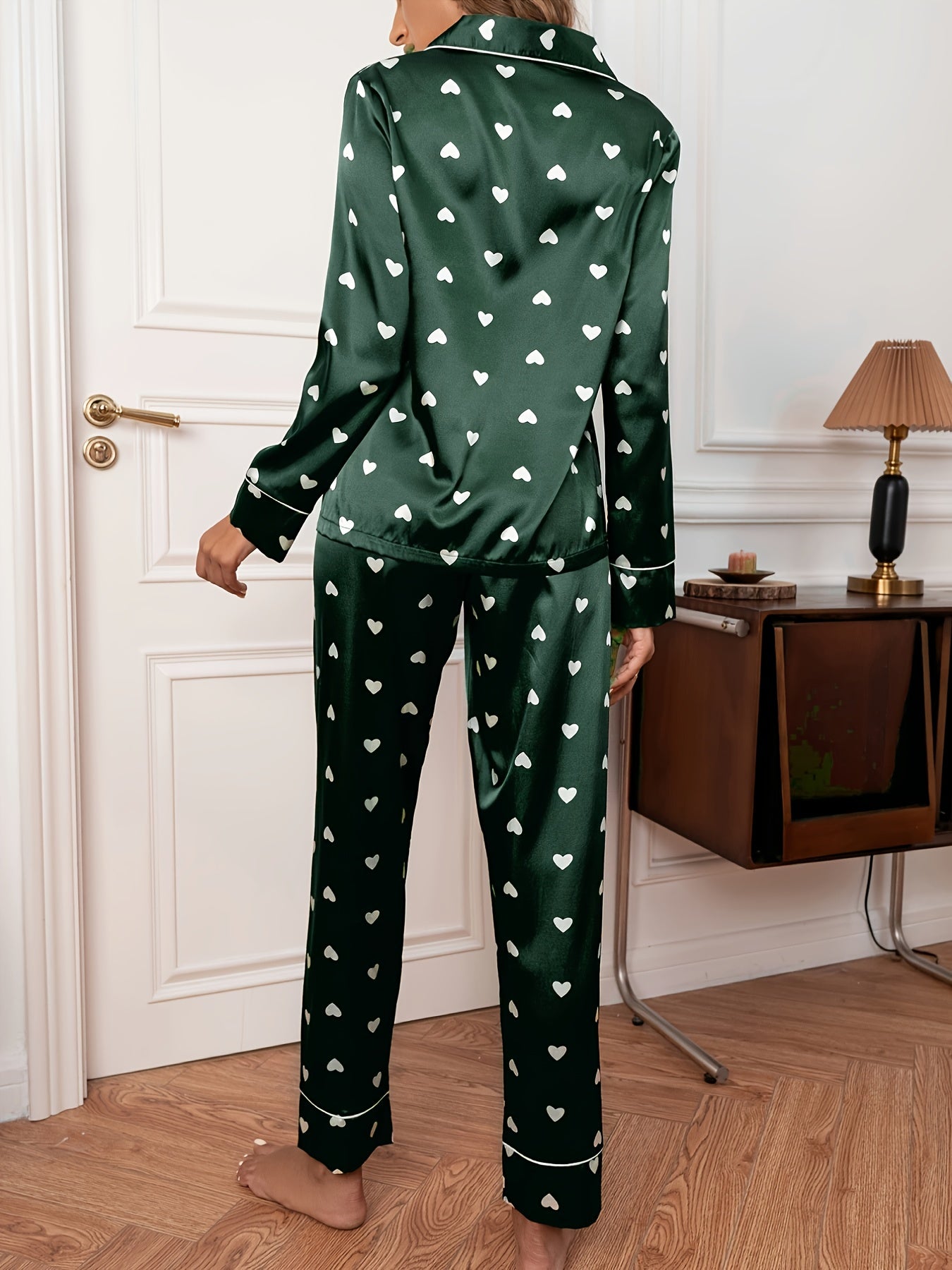 2pcs Set Women'S Adult Long Sleeve Sleepwear, Red Heart Print, Elegant Casual Home Wear