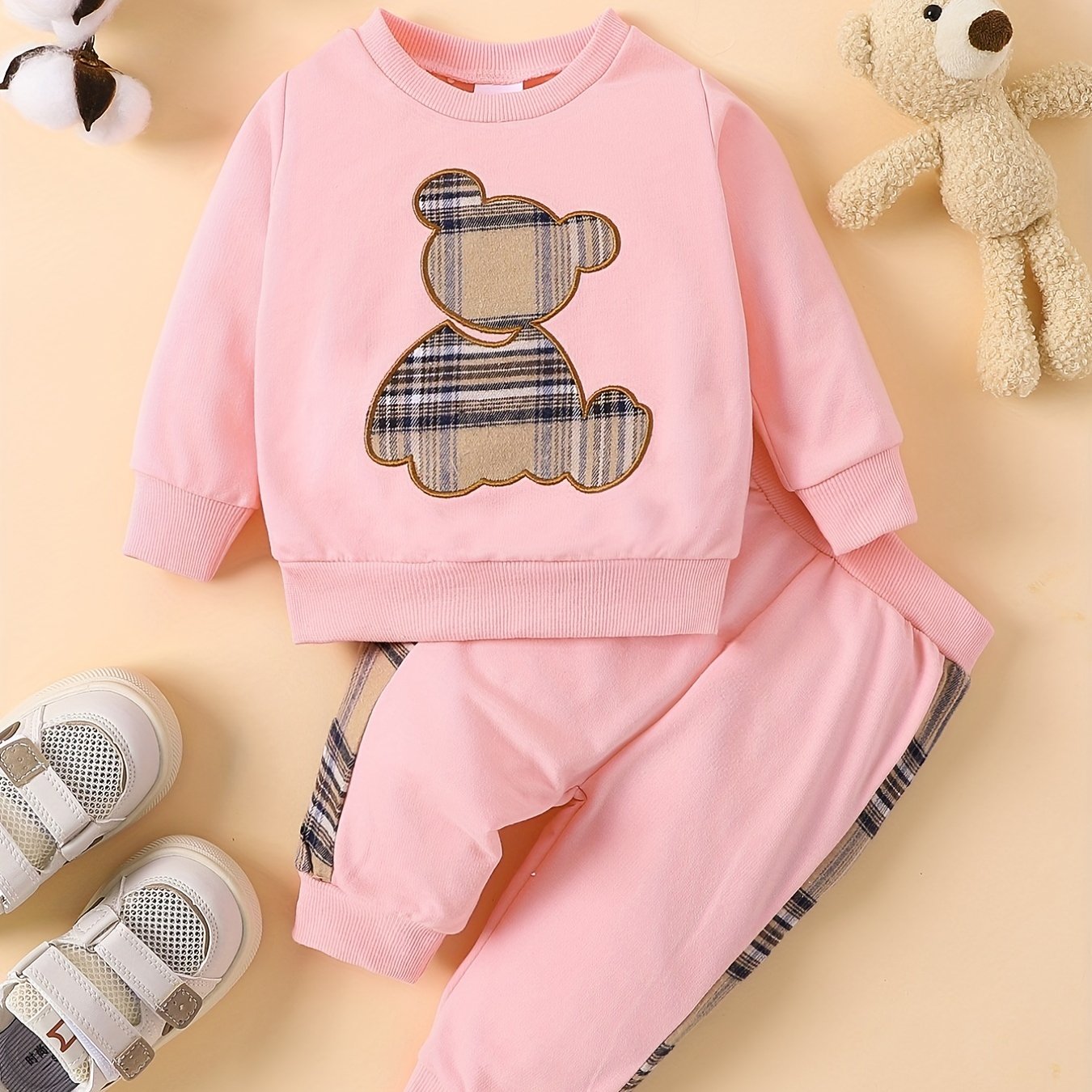 Popular Baby Plaid Bear Embroidery Set - Sweatshirt Tops Pants