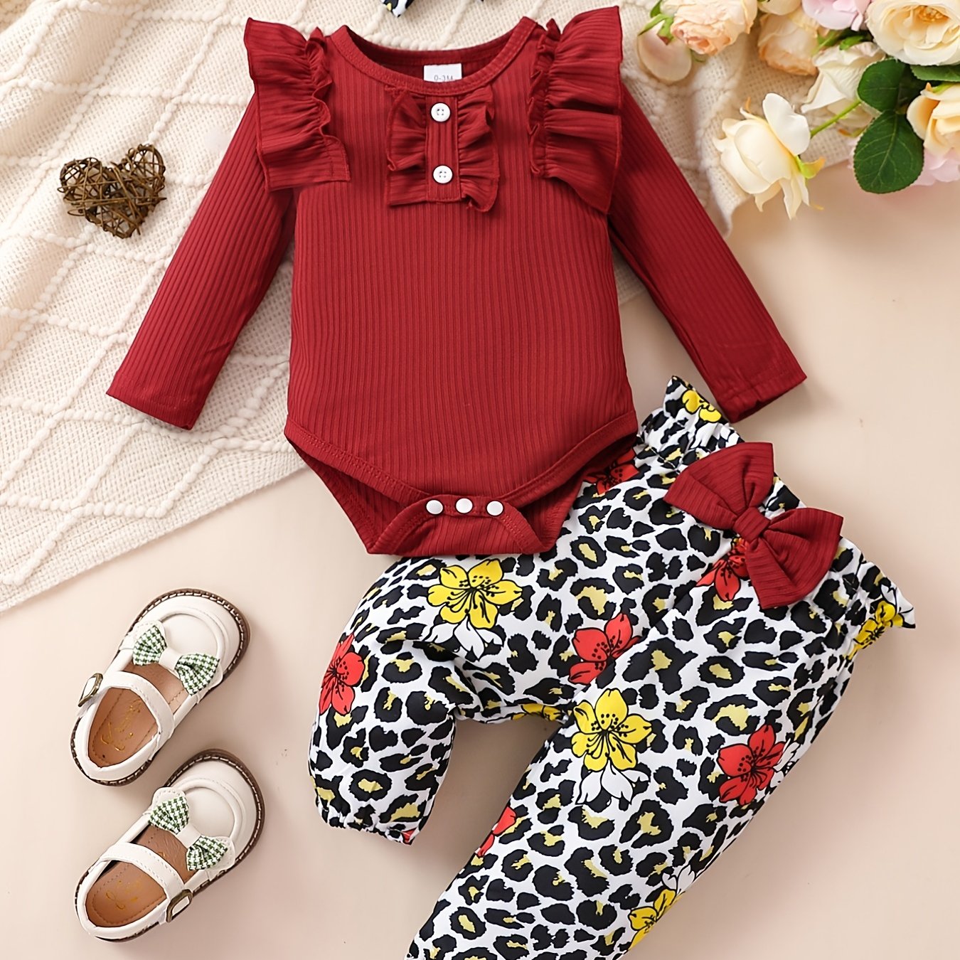 Cute Baby 3pcs Outfits - Floral/leopard Pants & Ruffle Long Sleeve Infant Romper & Headband Set Outdoor Set