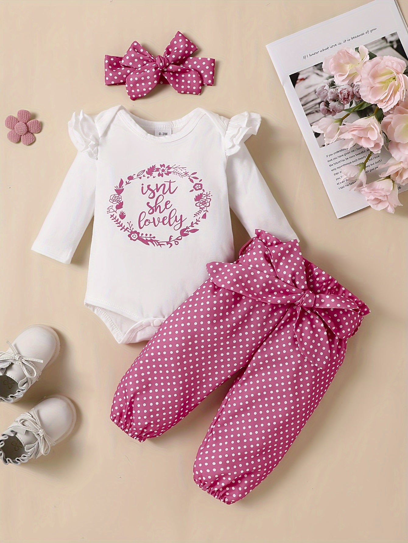 2pcs Baby Girl's Stylish Set, "Isn't She Lovely" Print Long Sleeve Onesie + Polka Dot Pants, Comfy Trendy Outfit Outdoor Clothing