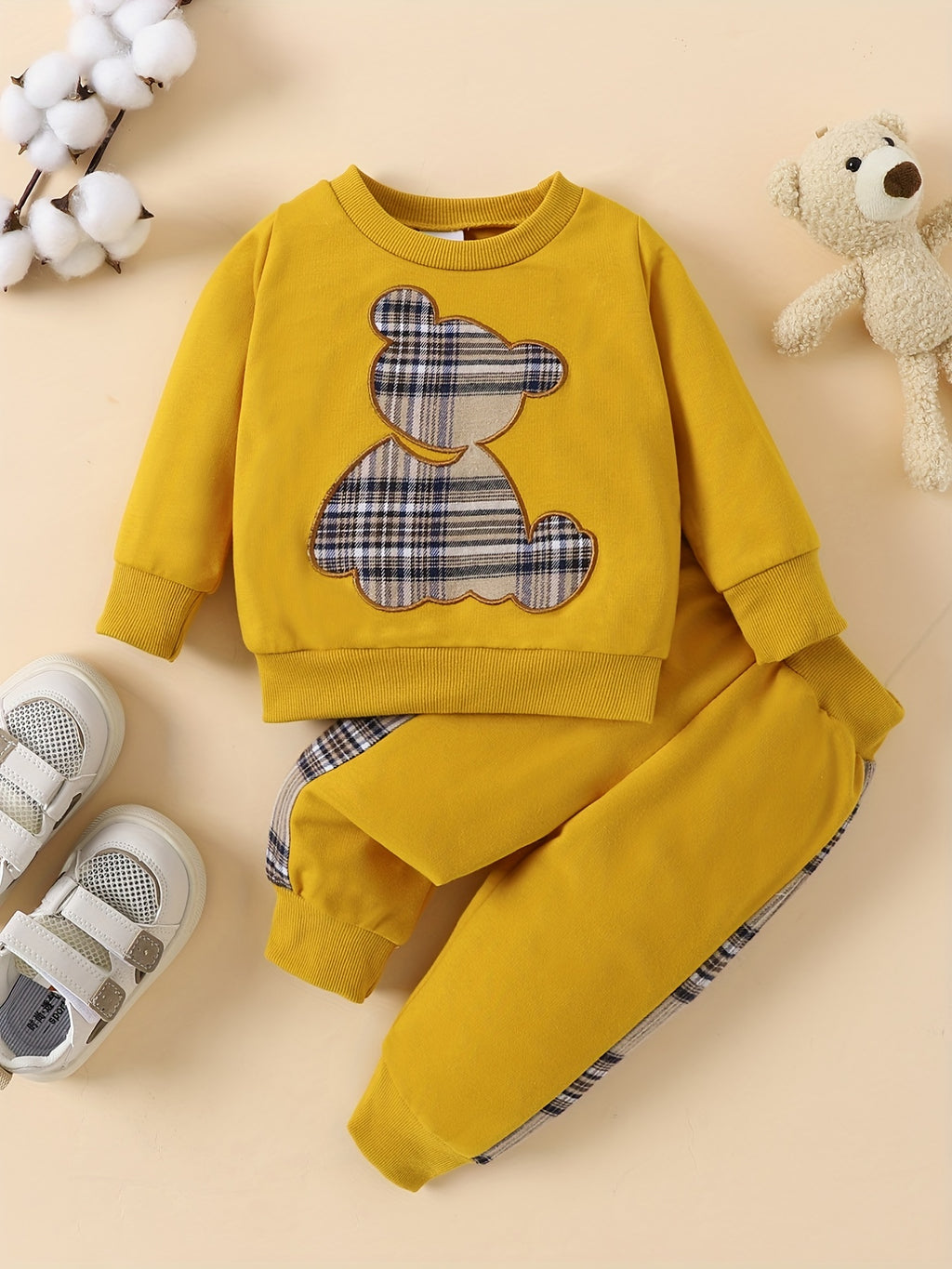 Popular Baby Plaid Bear Embroidery Set - Sweatshirt Tops Pants