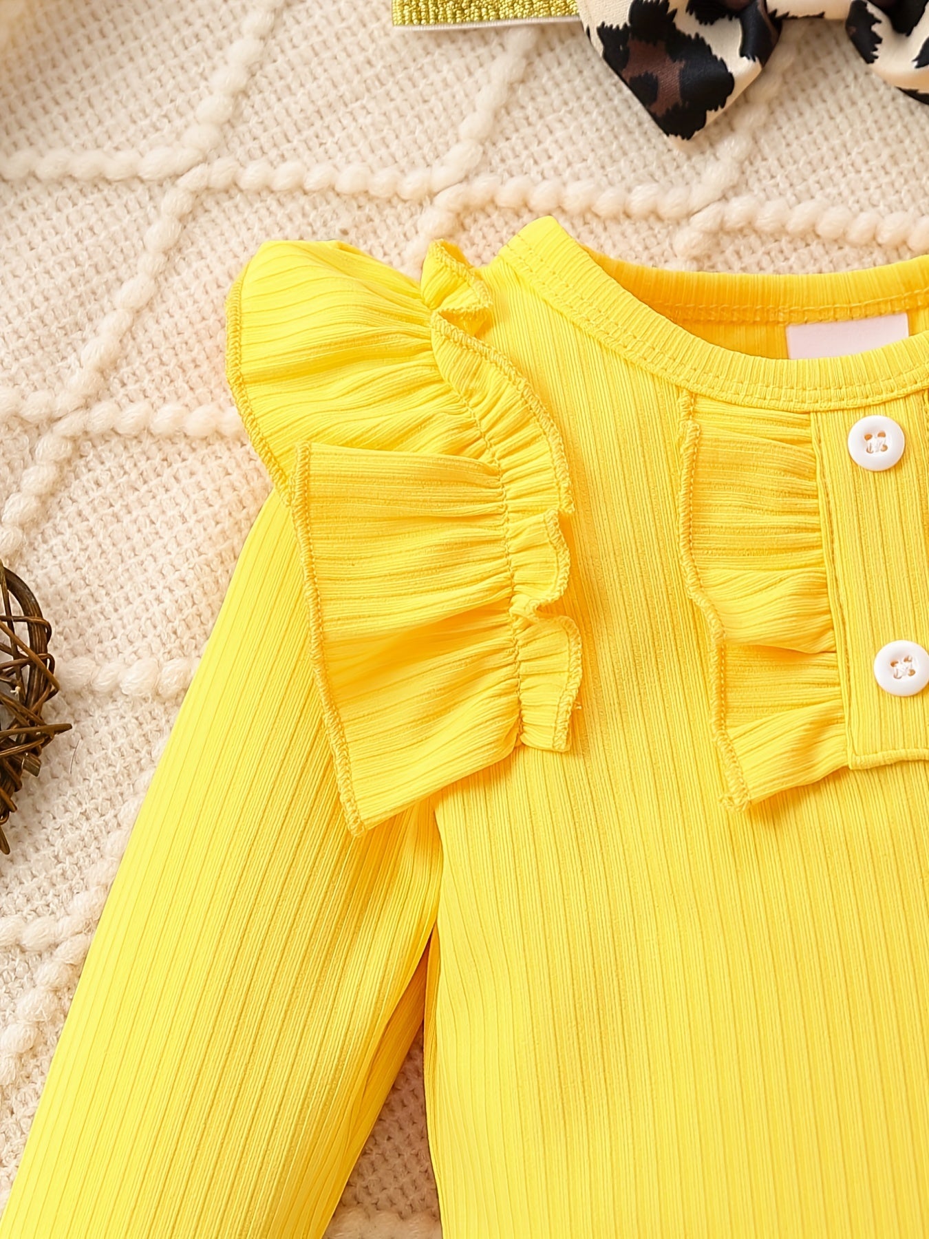 Cute Baby 3pcs Outfits - Floral/leopard Pants & Ruffle Long Sleeve Infant Romper & Headband Set Outdoor Set