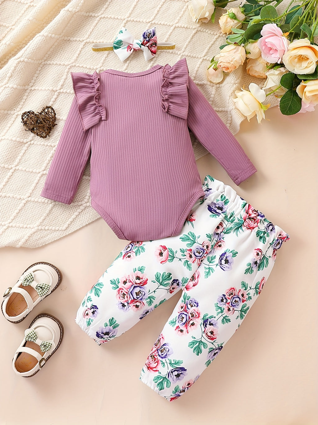 Cute Baby 3pcs Outfits - Floral/leopard Pants & Ruffle Long Sleeve Infant Romper & Headband Set Outdoor Set