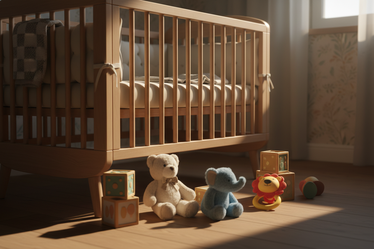 Baby cot dim light with toys around 