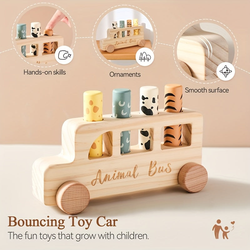 [Colorful Cartoon Toy] Colorful Wooden Baby Educational Cartoon Toy Car Set | Children's Cartoon Bouncy Toy Car, Push-Pull Press Toys | Souvenir Gifts for Babies, Christmas Halloween Easter Gifts