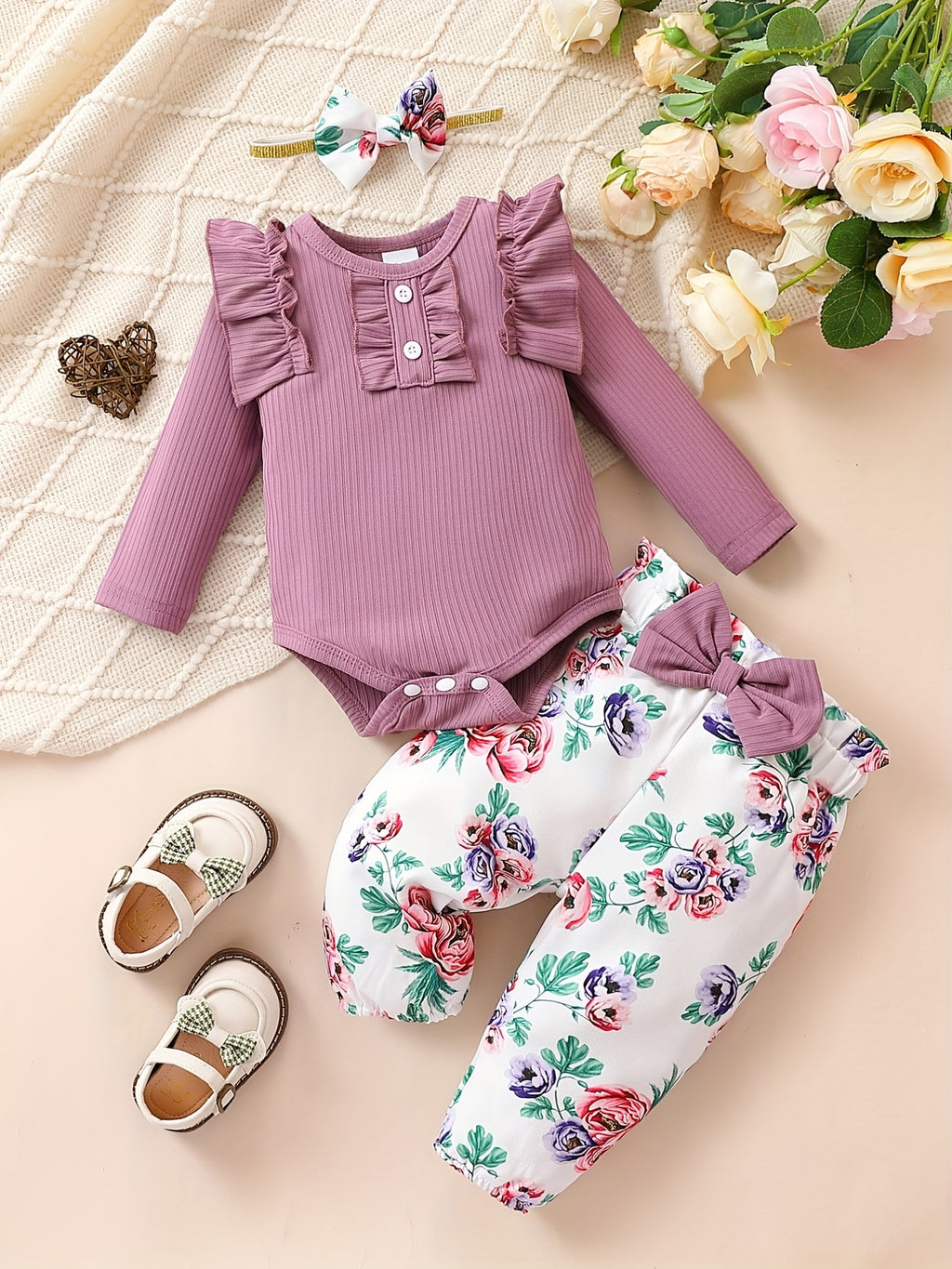 Cute Baby 3pcs Outfits - Floral/leopard Pants & Ruffle Long Sleeve Infant Romper & Headband Set Outdoor Set