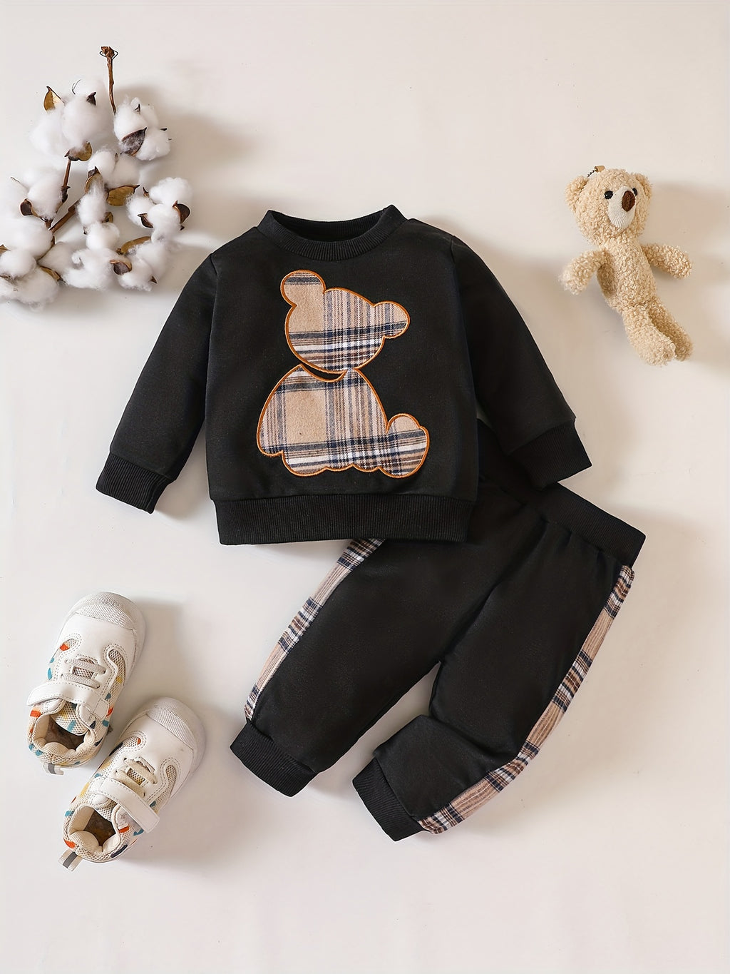 Popular Baby Plaid Bear Embroidery Set - Sweatshirt Tops Pants
