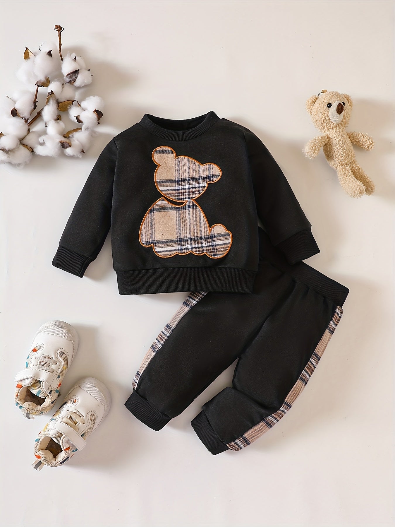Popular Baby Plaid Bear Embroidery Set - Sweatshirt Tops Pants