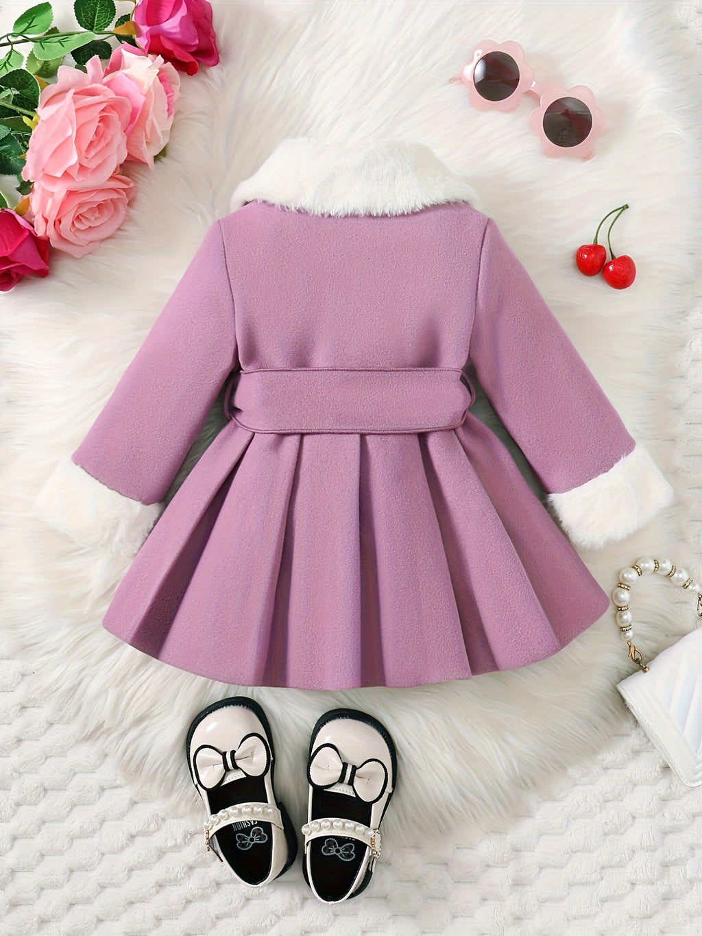 Baby's Elegant Fuzzy Collar Belted Coat, Button Front Warm Overcoat, Baby Girl's Clothing For Fall Winter Outdoor