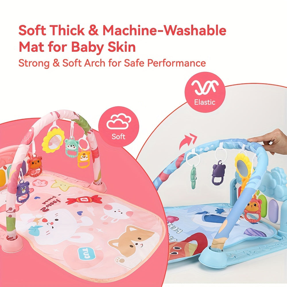 Multifunctional Baby Play Mat with Fitness Gym, Newborn Activity Playmat with Hanging Rattles, Music Box, Kick n Play Piano, Light-Up Keys, Animal & Space Theme, Non-Toxic Plastic, 0-3 Years