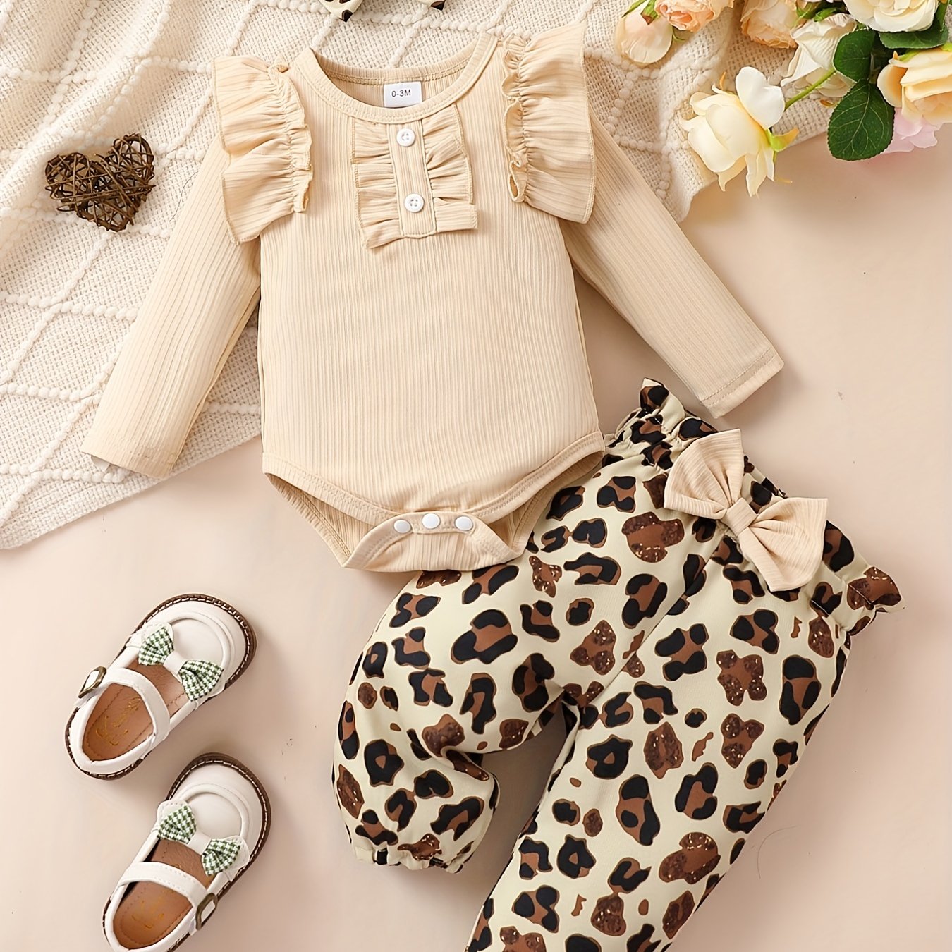 Cute Baby 3pcs Outfits - Floral/leopard Pants & Ruffle Long Sleeve Infant Romper & Headband Set Outdoor Set