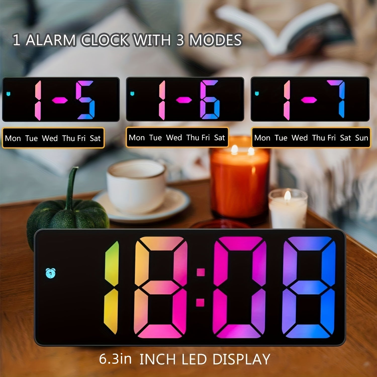 Colorful LED Alarm Clock with HD Mirror Display, Temperature, Adjustable Brightness & USB/Battery Option - Perfect for Home & Travel