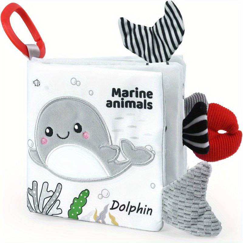 1pc BBSKY Soft Cloth Baby Book with 3D Animal Tails, Sensory Touch and Feel Educational Board Book, Anti-Tear, Polyester Material for Early Learning and Development - Grey and White