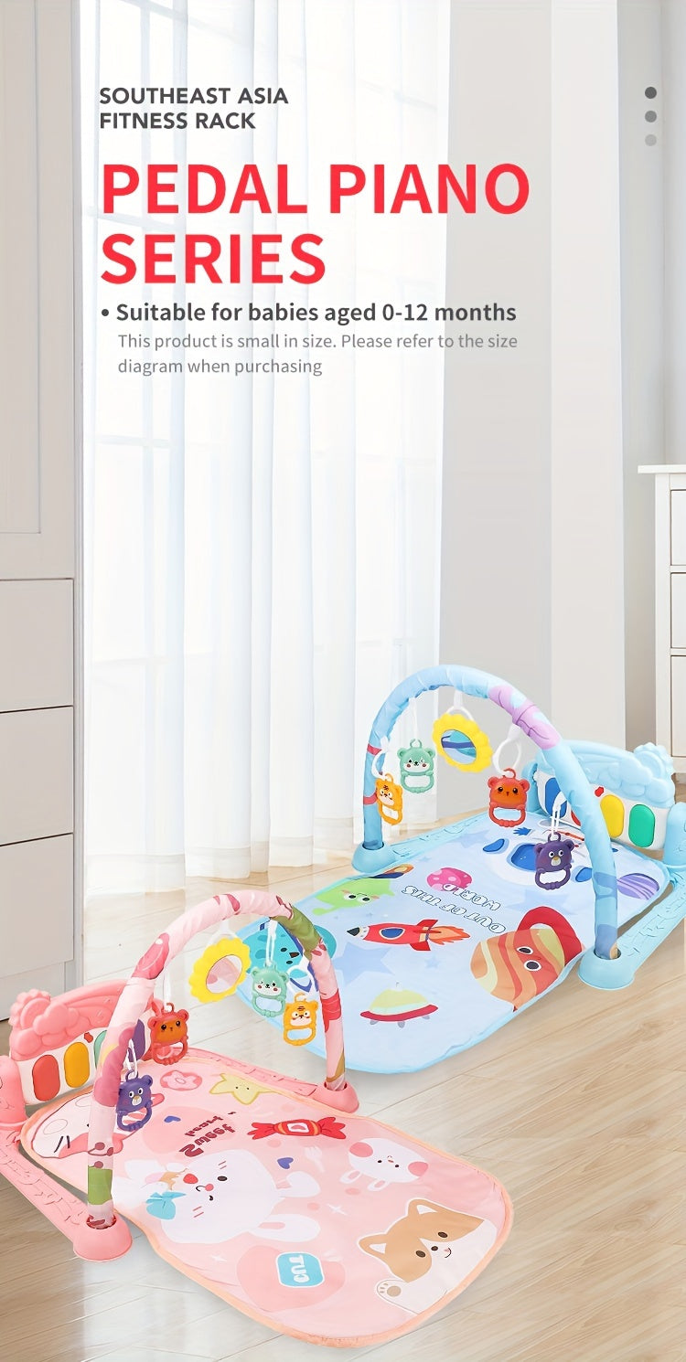 Multifunctional Baby Play Mat with Fitness Gym, Newborn Activity Playmat with Hanging Rattles, Music Box, Kick n Play Piano, Light-Up Keys, Animal & Space Theme, Non-Toxic Plastic, 0-3 Years