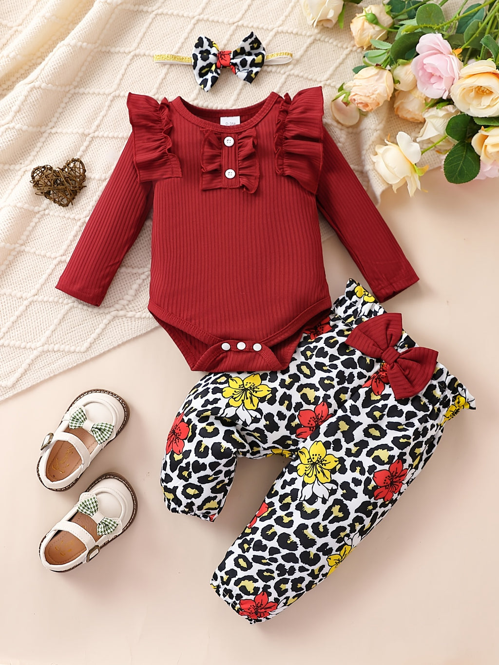 Cute Baby 3pcs Outfits - Floral/leopard Pants & Ruffle Long Sleeve Infant Romper & Headband Set Outdoor Set