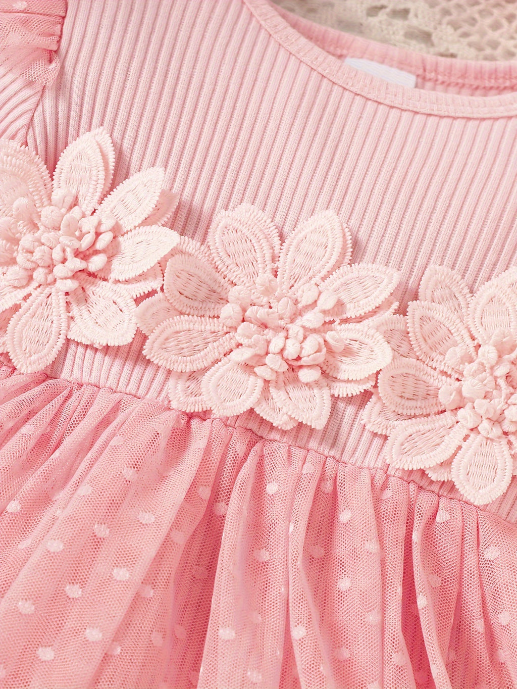 Infant Girls' Spring/Autumn Cotton Ribbed Tulle Dress with 3D Floral Appliques, Sweet Style, Solid Color, Slim Fit, Knit Fabric, with Matching Headband - Baby Outfit, For Outdoor