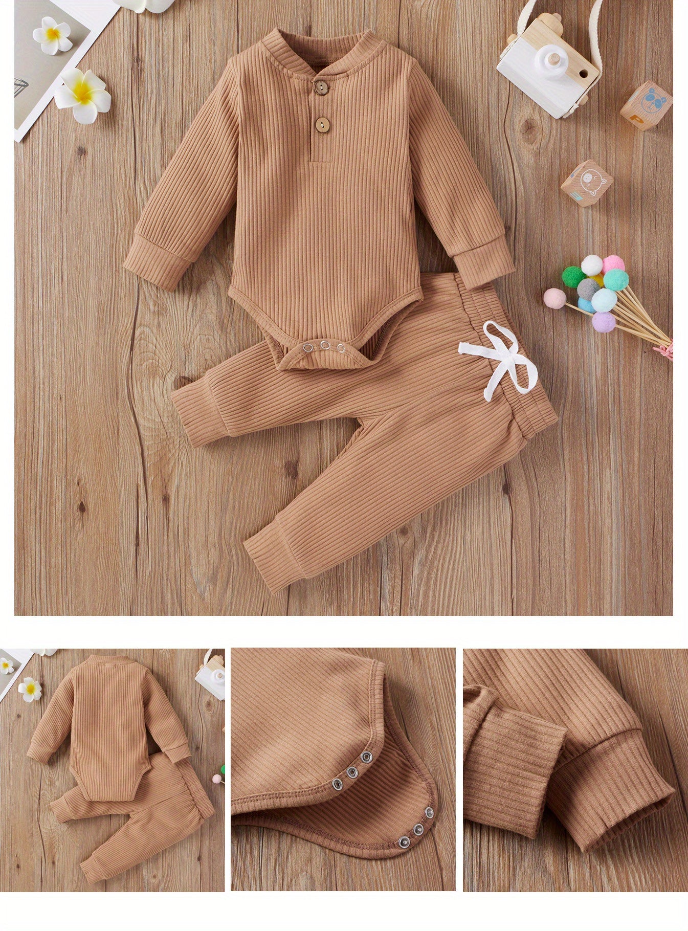 2pcs Baby Infant Boys And Girls Casual Plain Color Long Sleeve Onesie & Pants Set Clothes For Your Little One, Outdoor Cloth