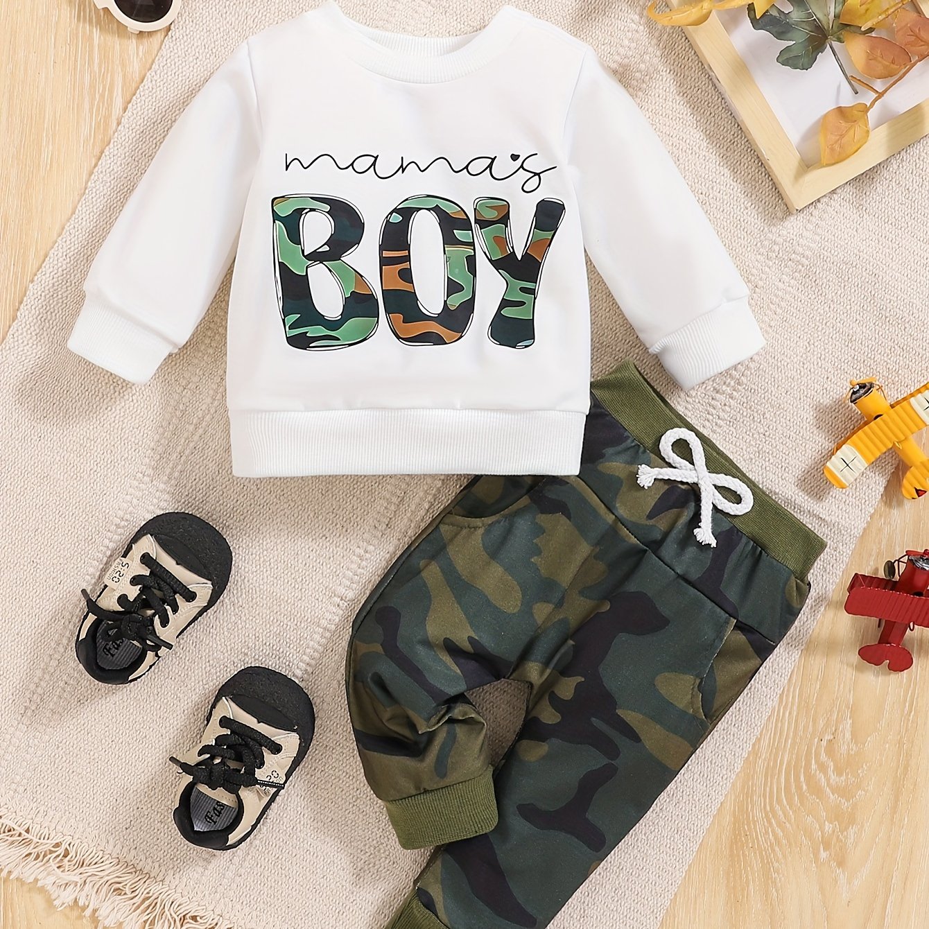 Toddler Baby Boy MAMA'S BOY Letter Print Sweatshirt Top Elastic Waist Sweatpants Outdoor Set, Outdoor Cloth