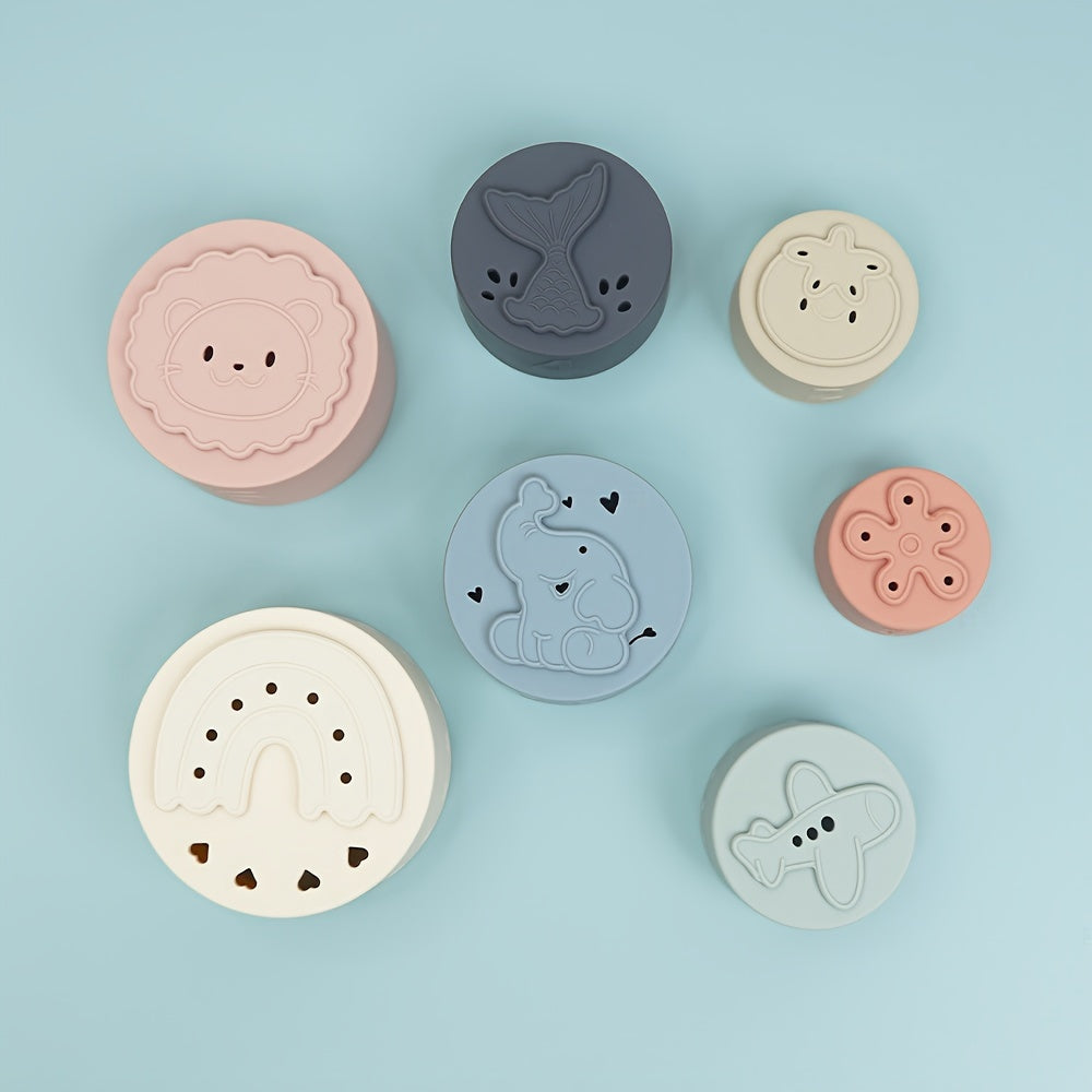 7pcs Baby Stacking Cups Toys, Silicone Multifunction Rainbow Stacking Tower Kids Puzzle Toy, Children Building Blocks Educational Toys