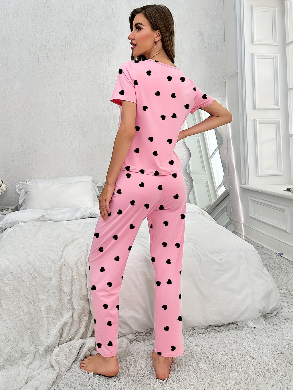 Women's Short Sleeve T-shirt & Long Pants Pajama Set, Love Heart Print, Comfortable Loungewear, Home Wear, Casual Outfit, Available For Outdoor Use