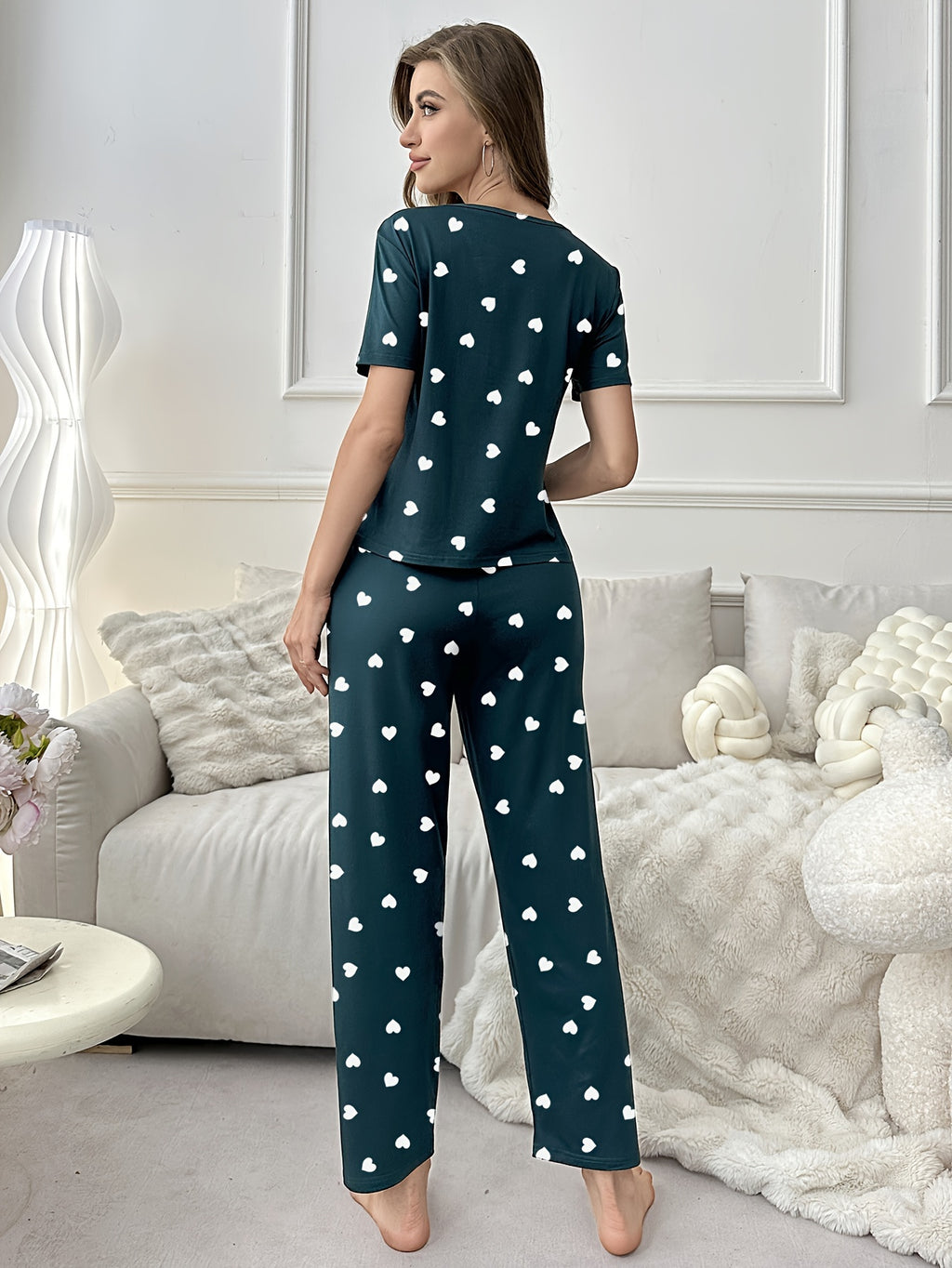 Women's Short Sleeve T-shirt & Long Pants Pajama Set, Love Heart Print, Comfortable Loungewear, Home Wear, Casual Outfit, Available For Outdoor Use