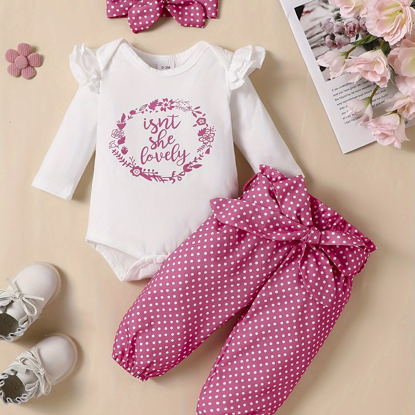 2pcs Baby Girl's Stylish Set, "Isn't She Lovely" Print Long Sleeve Onesie + Polka Dot Pants, Comfy Trendy Outfit Outdoor Clothing