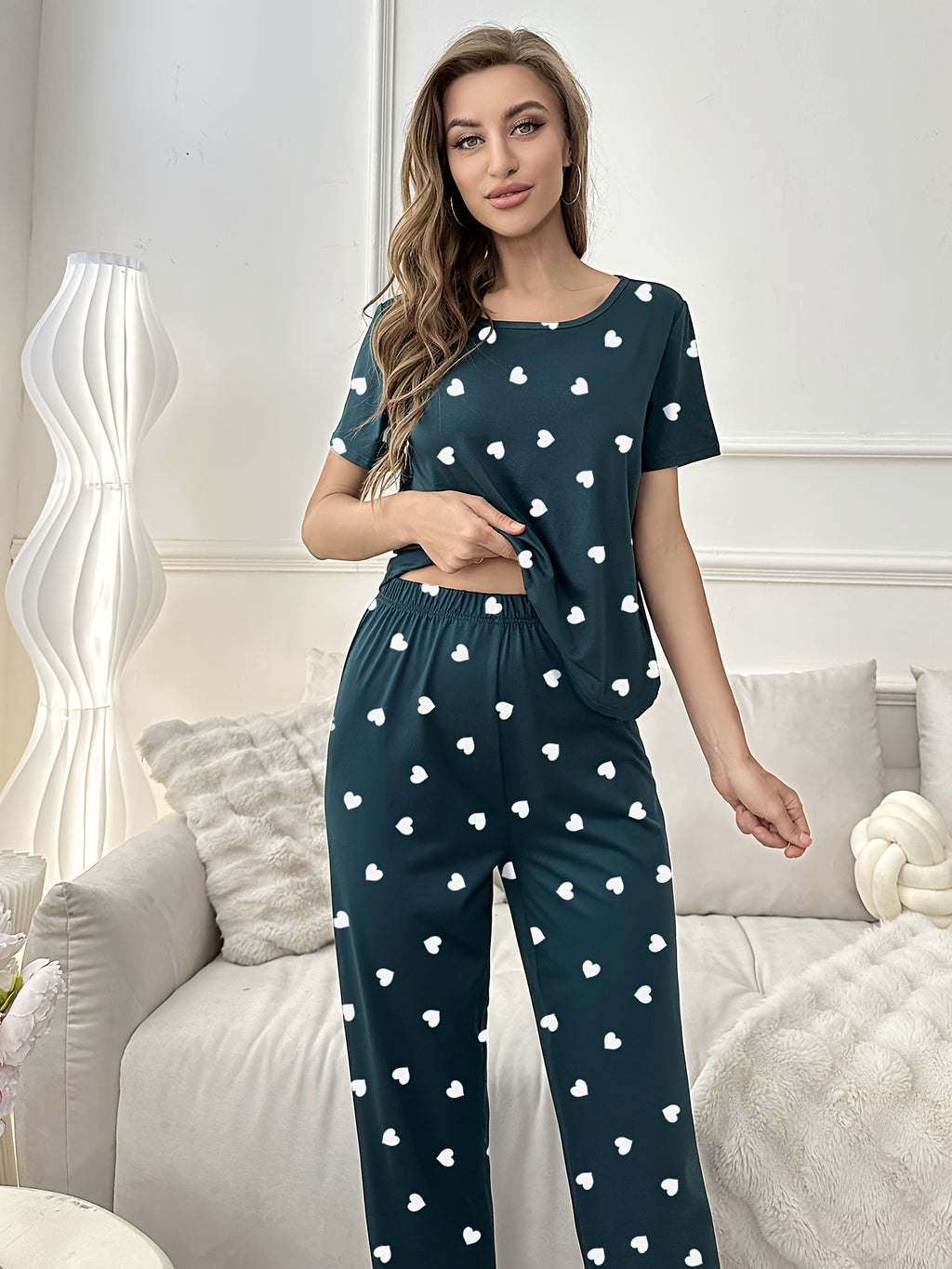 Women's Short Sleeve T-shirt & Long Pants Pajama Set, Love Heart Print, Comfortable Loungewear, Home Wear, Casual Outfit, Available For Outdoor Use