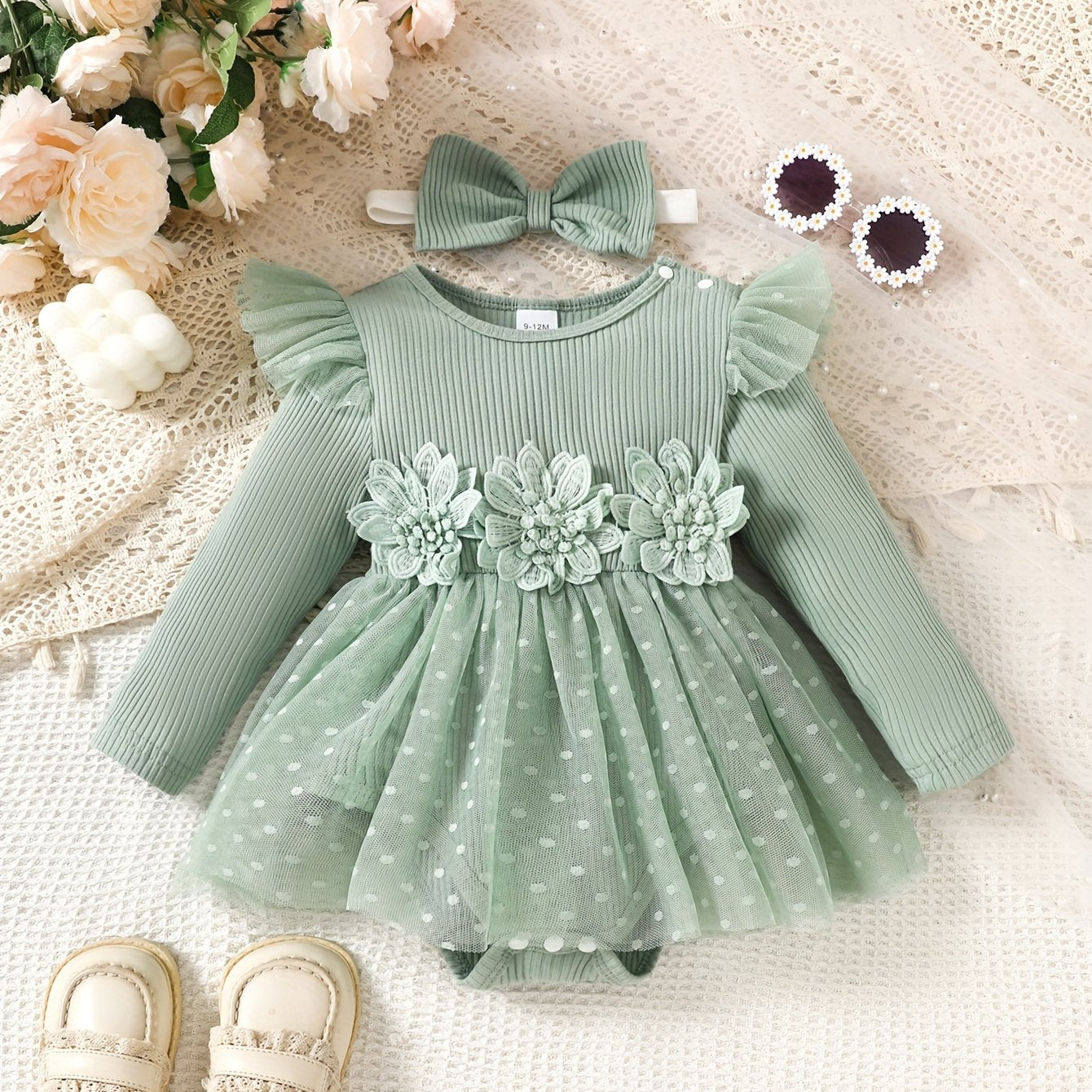 Infant Girls' Spring/Autumn Cotton Ribbed Tulle Dress with 3D Floral Appliques, Sweet Style, Solid Color, Slim Fit, Knit Fabric, with Matching Headband - Baby Outfit, For Outdoor