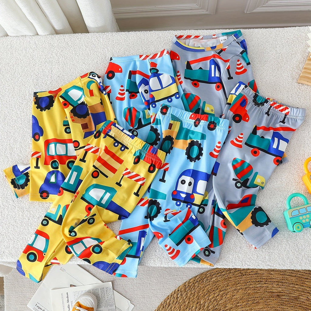 3 Sets 6pcs Baby Boy's Small Car Print Long Sleeves & Pants Set, Comfortable & Skin-friendly Style Underwear For Baby Boys