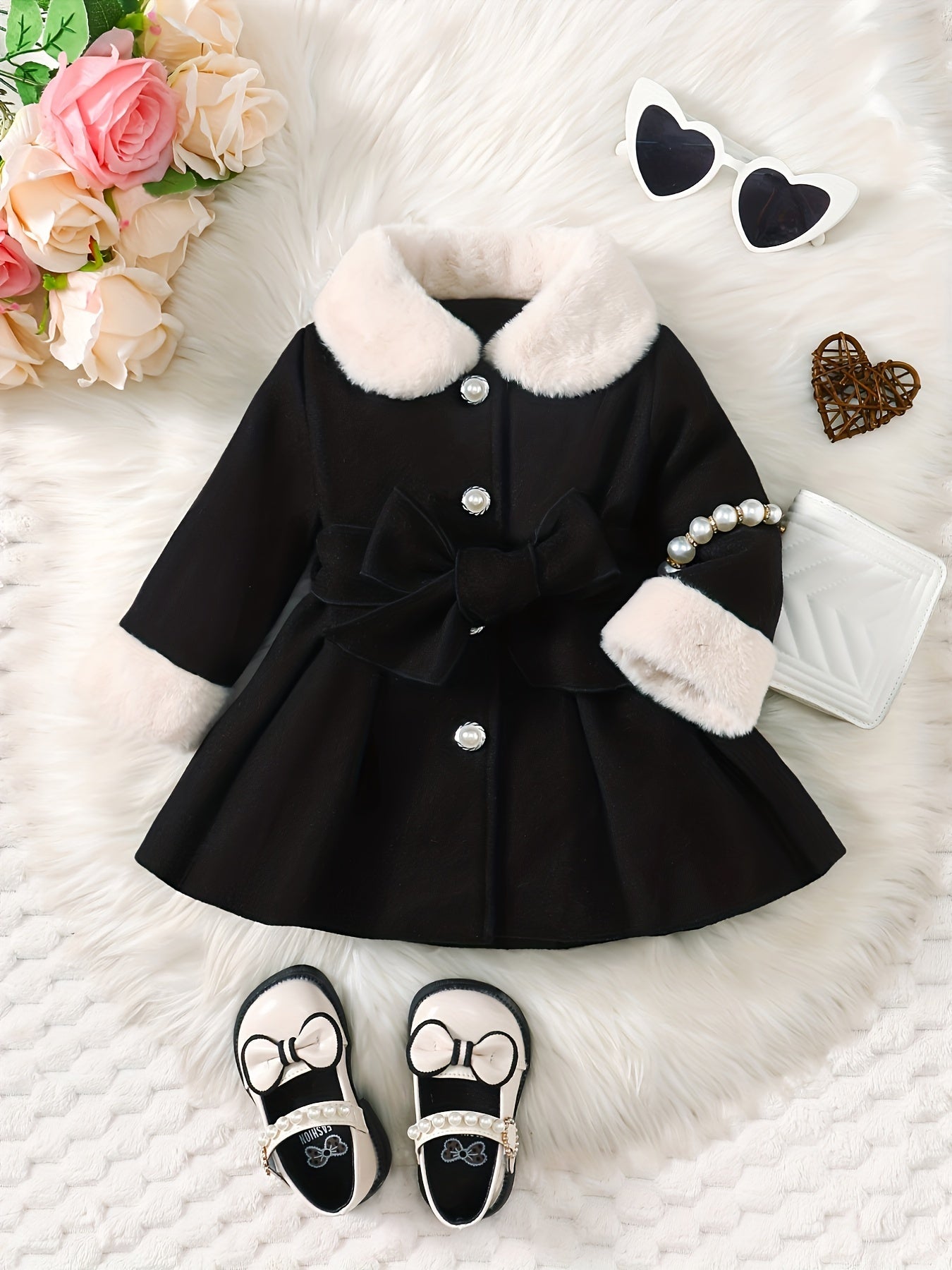 Baby's Elegant Fuzzy Collar Belted Coat, Button Front Warm Overcoat, Baby Girl's Clothing For Fall Winter Outdoor
