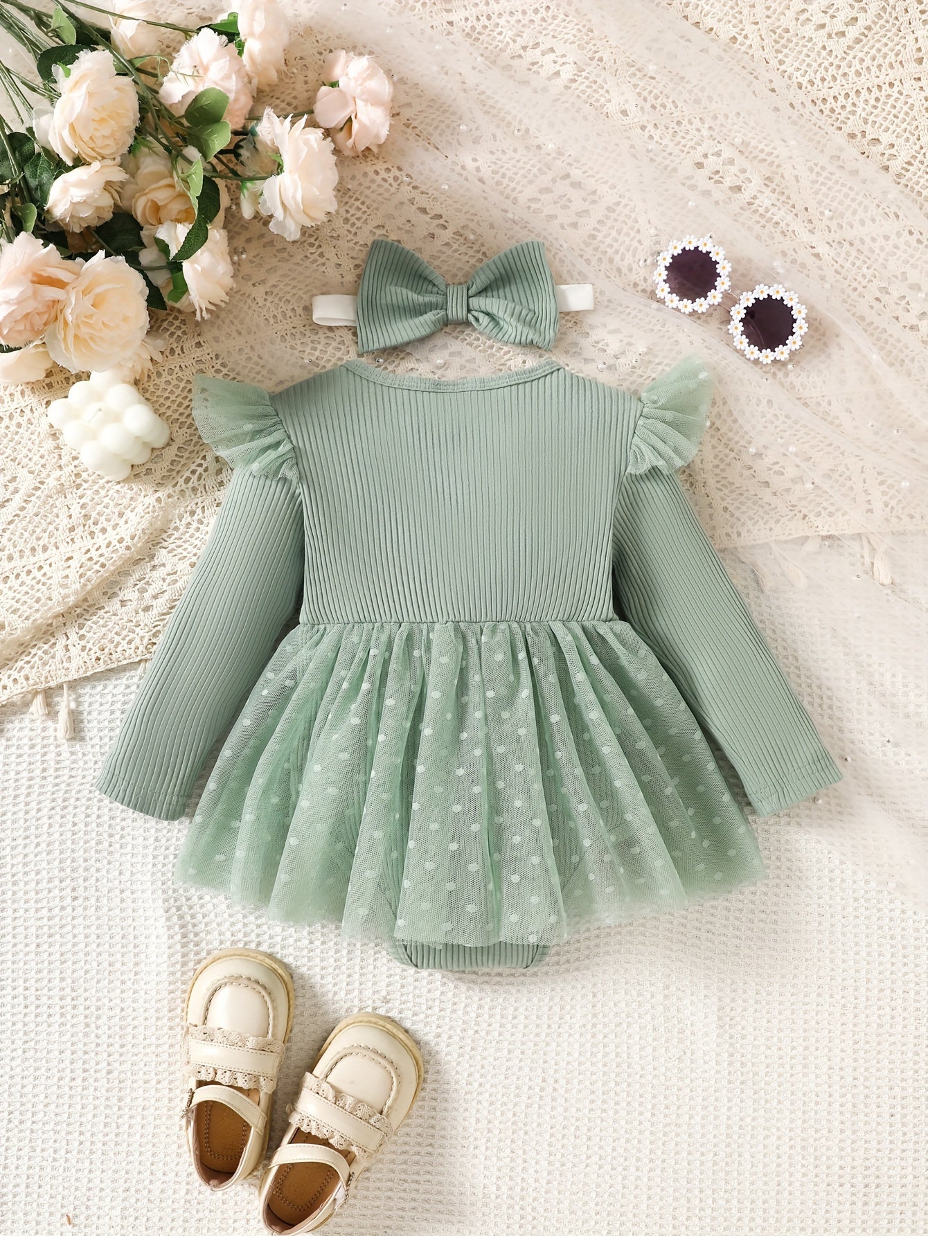 Infant Girls' Spring/Autumn Cotton Ribbed Tulle Dress with 3D Floral Appliques, Sweet Style, Solid Color, Slim Fit, Knit Fabric, with Matching Headband - Baby Outfit, For Outdoor