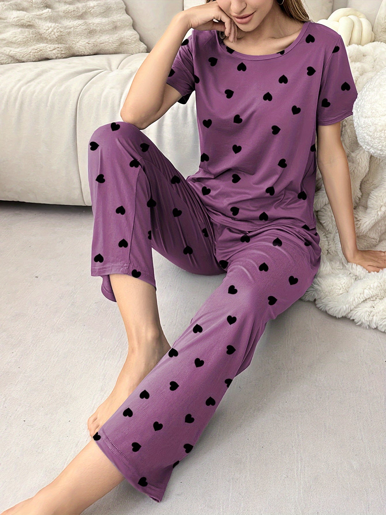Women's Short Sleeve T-Shirt And Pants Pajama Set, Love Heart Print, Loungewear, Sleepwear, Casual Home Wear, Comfy Basic Style